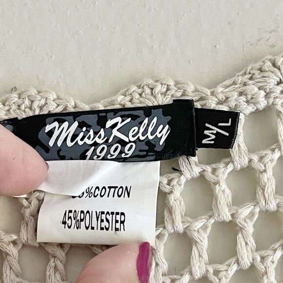 Boho Open Knit Crochet Top M Longline Cover Up Floral Festival Hi Low Hem Tan - Picture 9 of 10